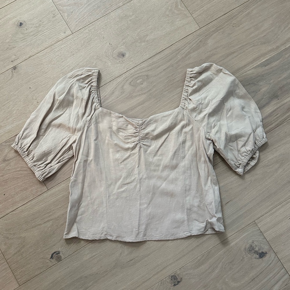 H&M Tan Linen Bubble Sleeve Blouse